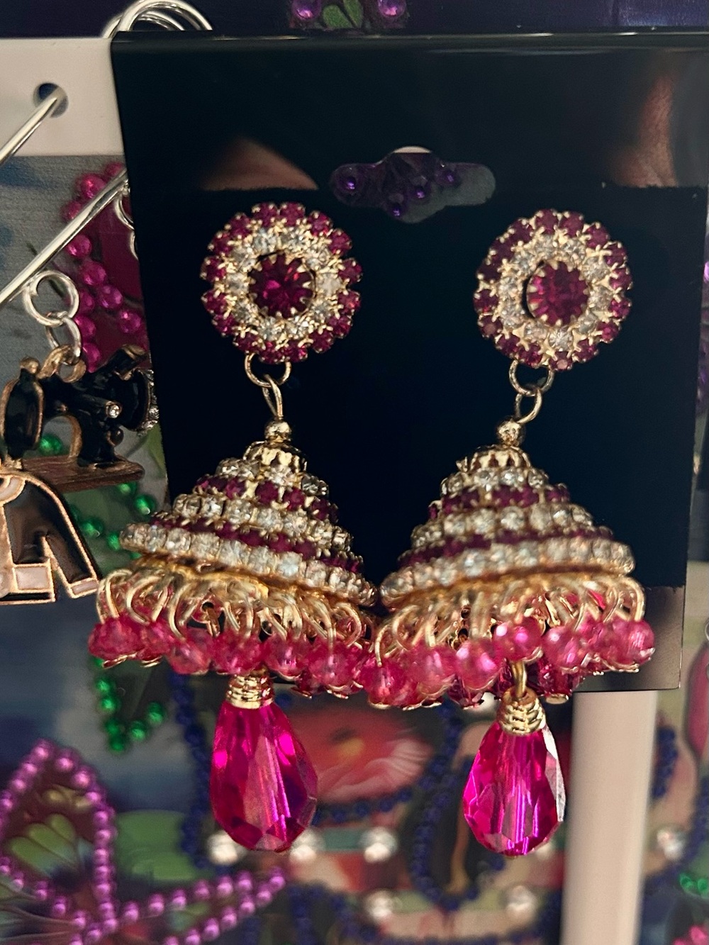 Gold-Tone Pink Crystal Jhumka Earrings - Picture 7 of 7